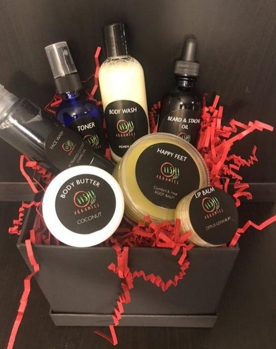 Handsome Man gift box, face toner, foot balm, beard oil, lip balm, body wash, gift for him