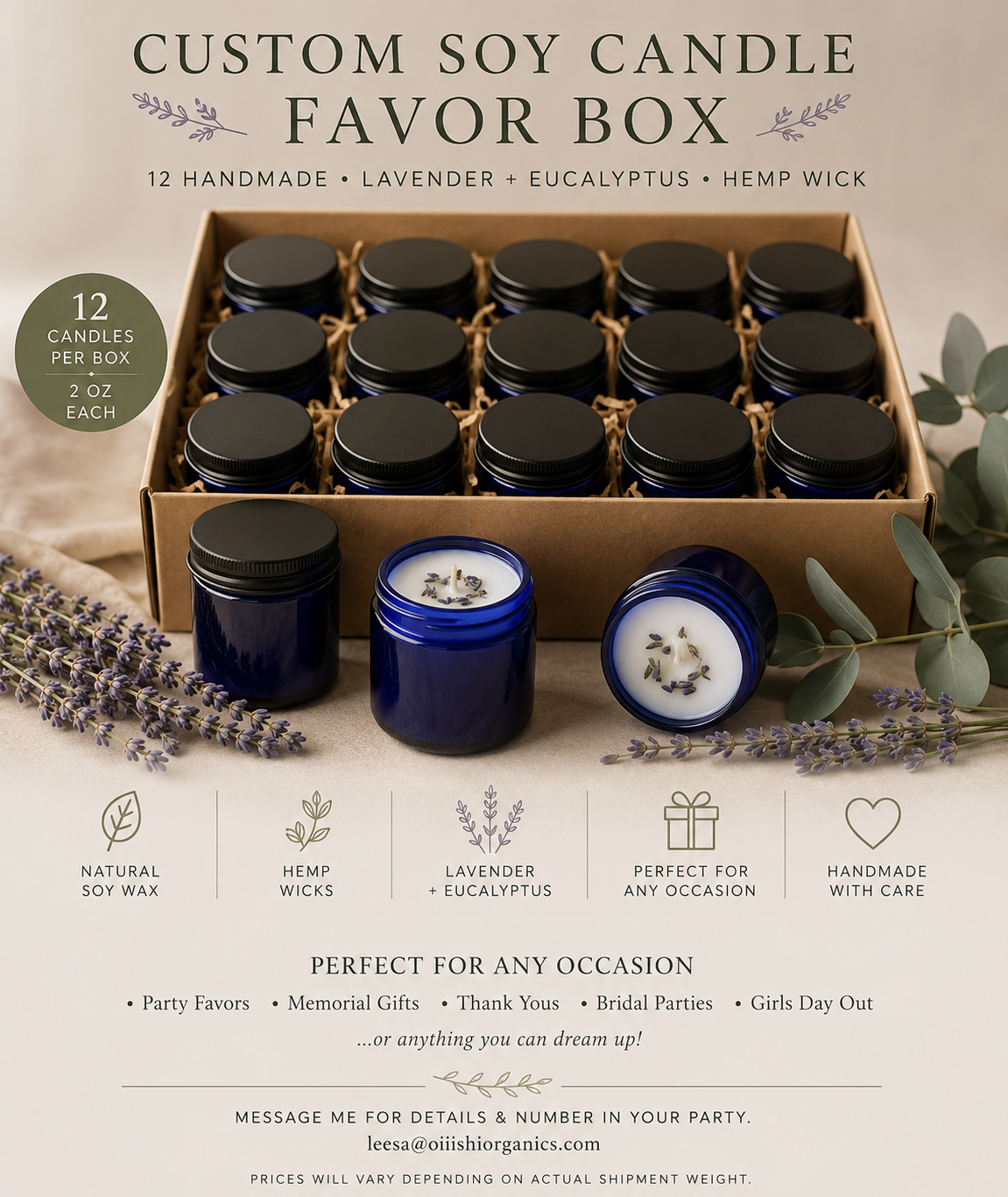 Lavender + Eucalyptus Candle Favor Box | Botanical Event Favors | OiishiOrganics