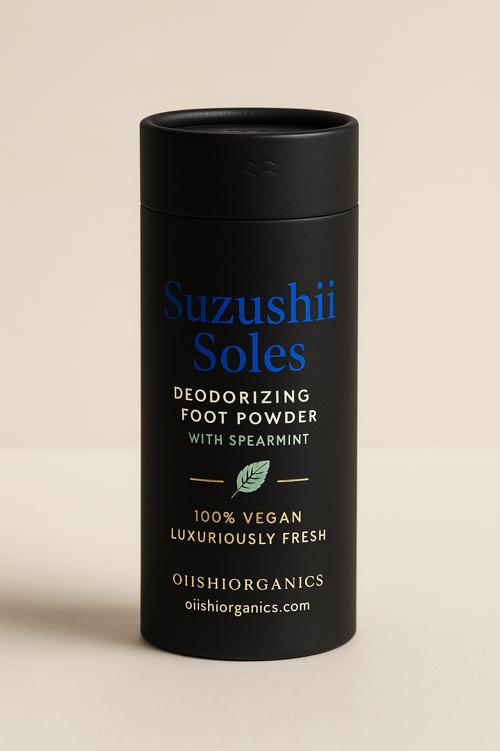 Black cylindrical container of Suzushii Soles foot powder on a beige background